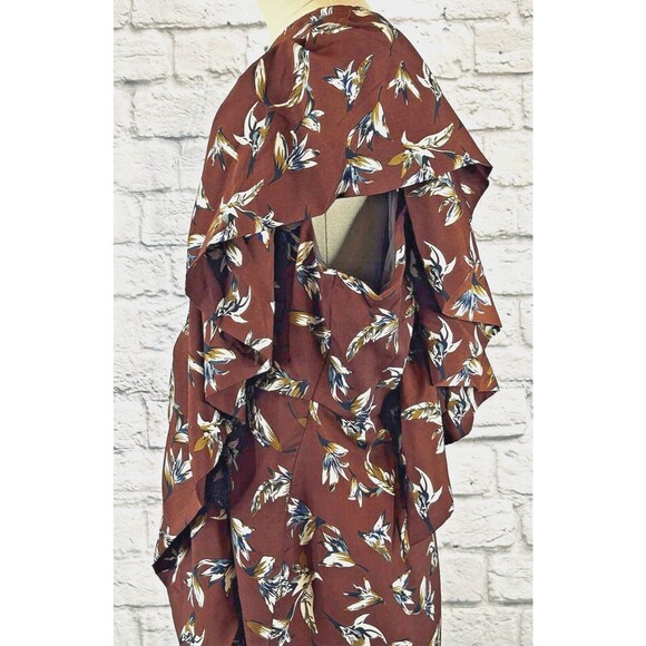 Soncy Dress Size 12 One‎ Shoulder Asymmetrical Fitted Ruffle Floral Brown NWT - Picture 8 of 13